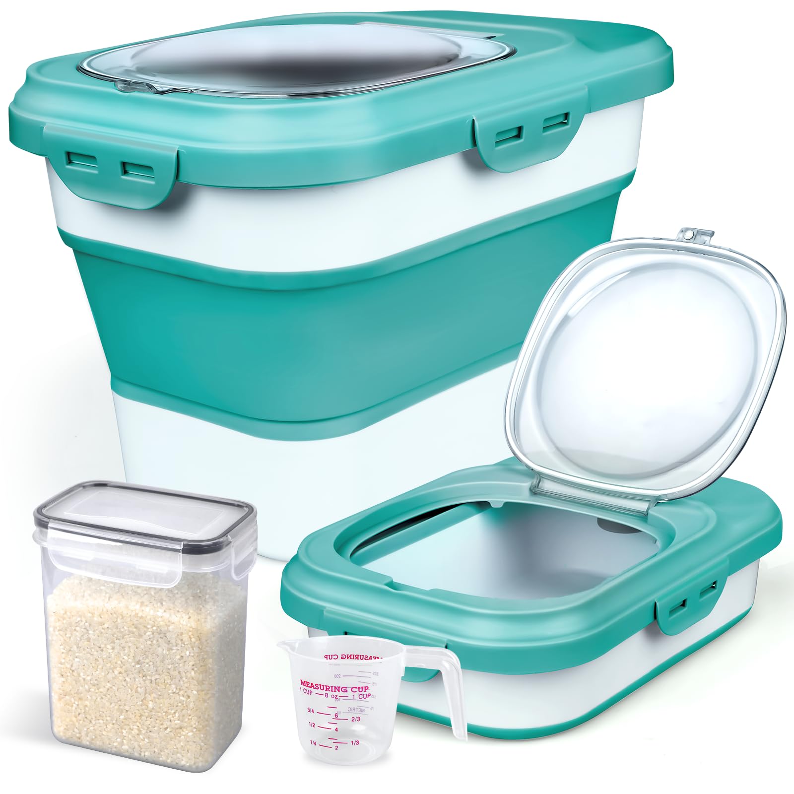 Rice Storage Container, Collapsible Airtight Food Storage Containers 6-20 Lbs, Rice Dispenser with Measuring Cup and Small Bin for Flour Cereal Pasta Grain, Cat Pet Dog Bird Food Container