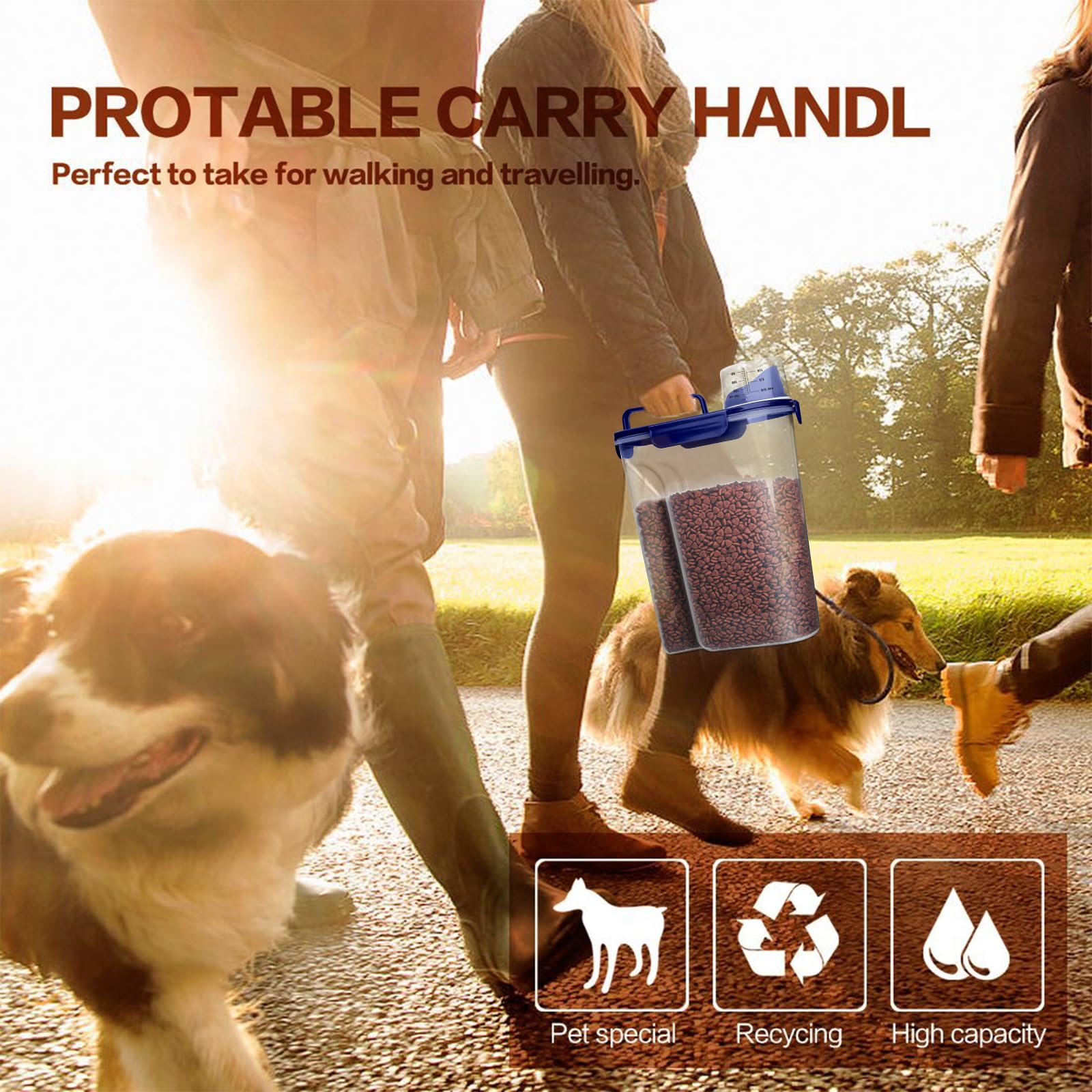 TIOVERY Dog Food Storage Container, 5-7 Lbs Airtight Pet Food Container, Cat food Container Dispenser with Portable Handle, Pouring Spout and a Collapsible bowl for Dogs Cats Navy Blue/6Qt
